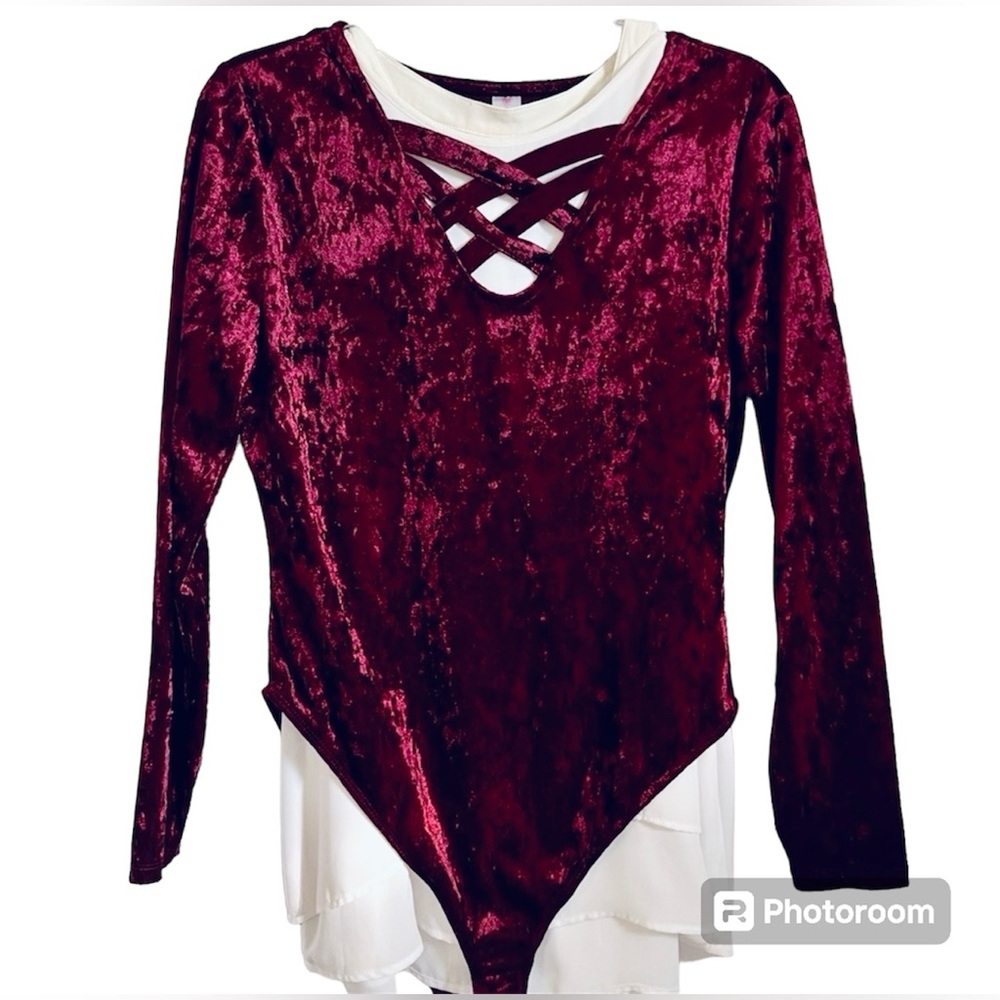 Bodysuit V-Neck w Crisscross Bodice, Long Sleeves, Velvet Burgundy, Sz Large